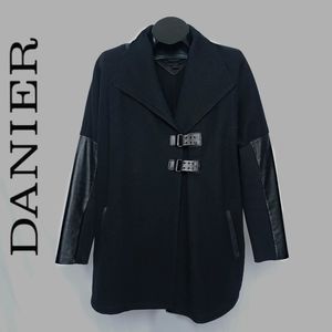 DANIER Wool Leather Trim Pocketed Shawl Overcoat Sz Medium Black